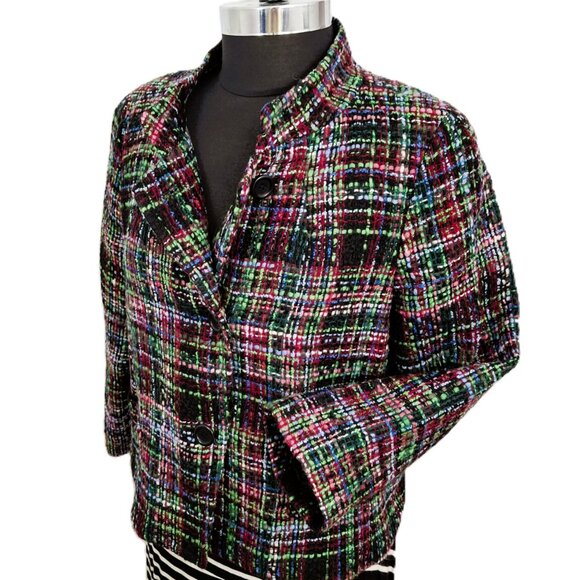 Talbots Sz 14 Petite Nehru Cropped Wool Blend Blazer Multi-Color Textured Tweed - Picture 4 of 14